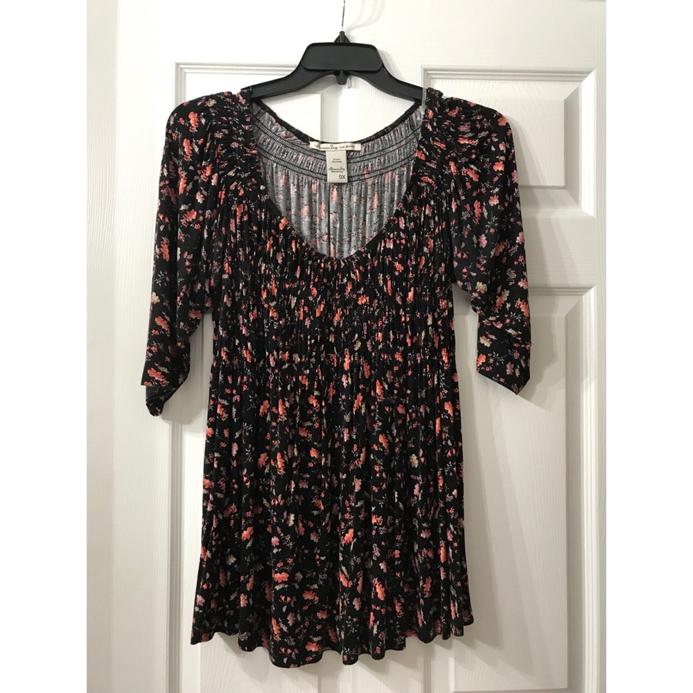 American Rag Black Floral Tunic with Pink and Coral Blossoms